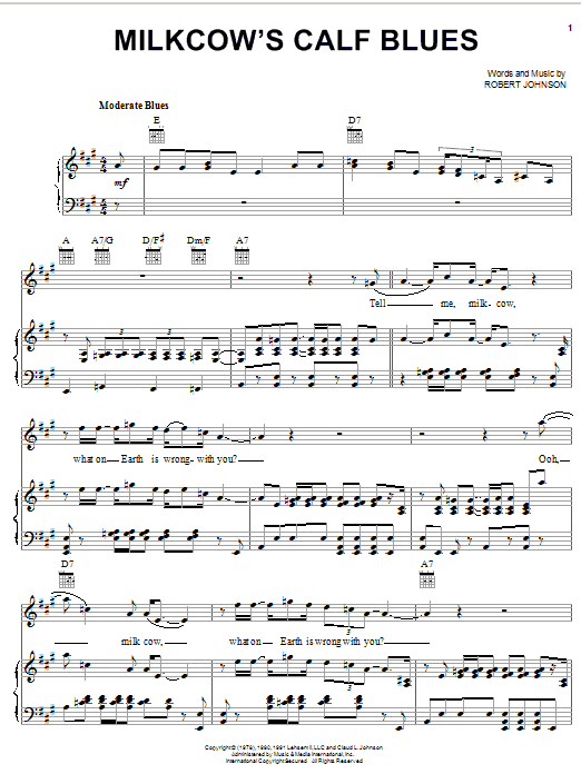 Robert Johnson Milkcow's Calf Blues Sheet Music Notes & Chords for Piano, Vocal & Guitar (Right-Hand Melody) - Download or Print PDF