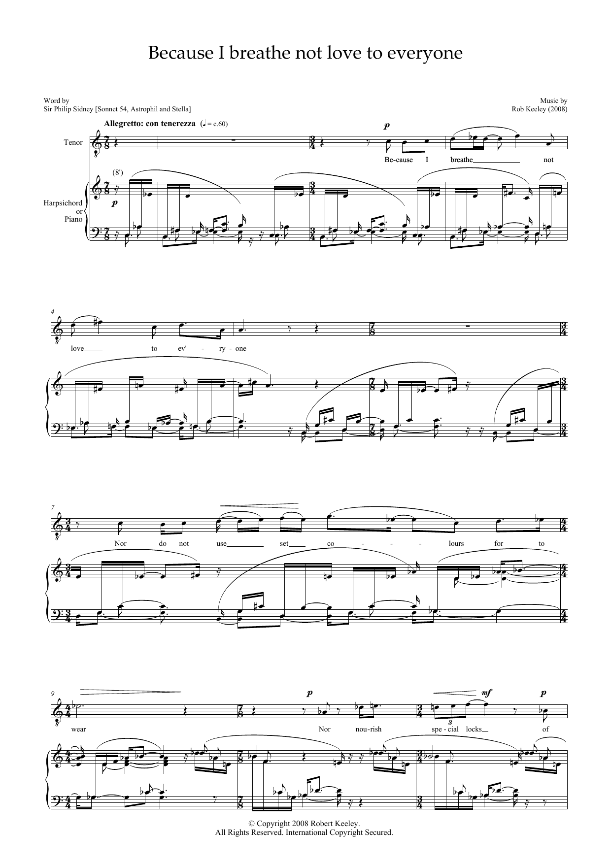 Robert Keeley Because I breathe not love to everyone (for tenor and harpsichord) Sheet Music Notes & Chords for Piano & Vocal - Download or Print PDF