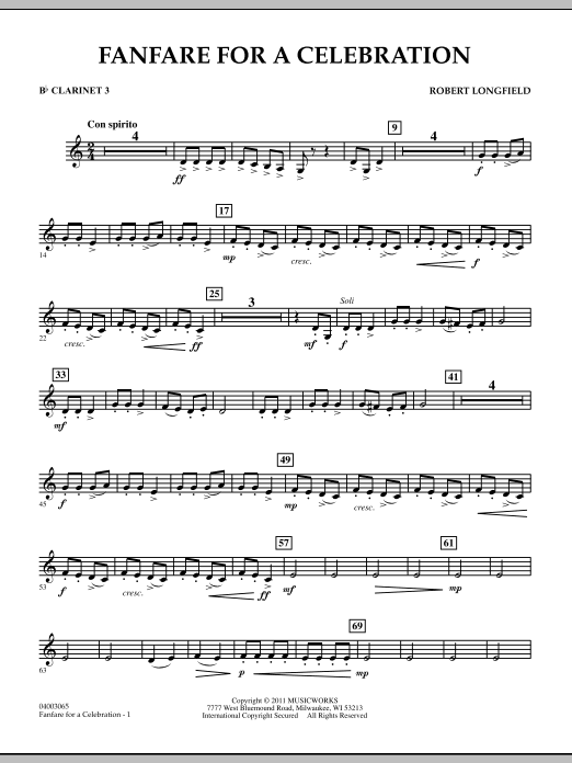 Robert Longfield Fanfare For A Celebration - Bb Clarinet 3 Sheet Music Notes & Chords for Concert Band - Download or Print PDF