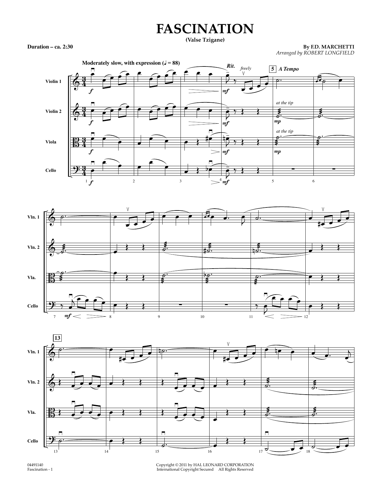 Robert Longfield Fascination (Valse Tzigane) - Conductor Score (Full Score) Sheet Music Notes & Chords for String Quartet - Download or Print PDF