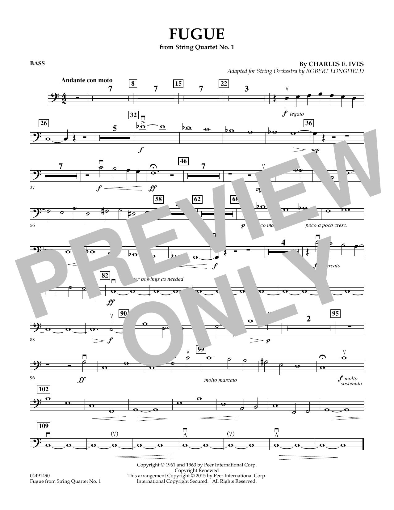 Robert Longfield Fugue from String Quartet No. 1 - Bass Sheet Music Notes & Chords for Orchestra - Download or Print PDF