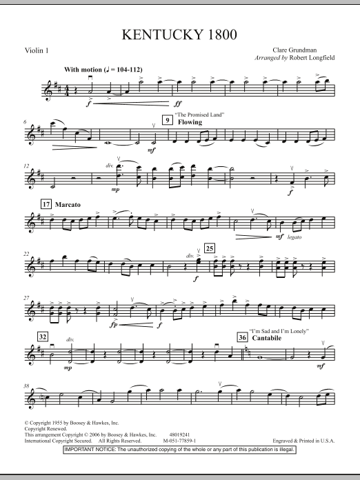 Robert Longfield Kentucky 1800 - Violin 1 Sheet Music Notes & Chords for Orchestra - Download or Print PDF