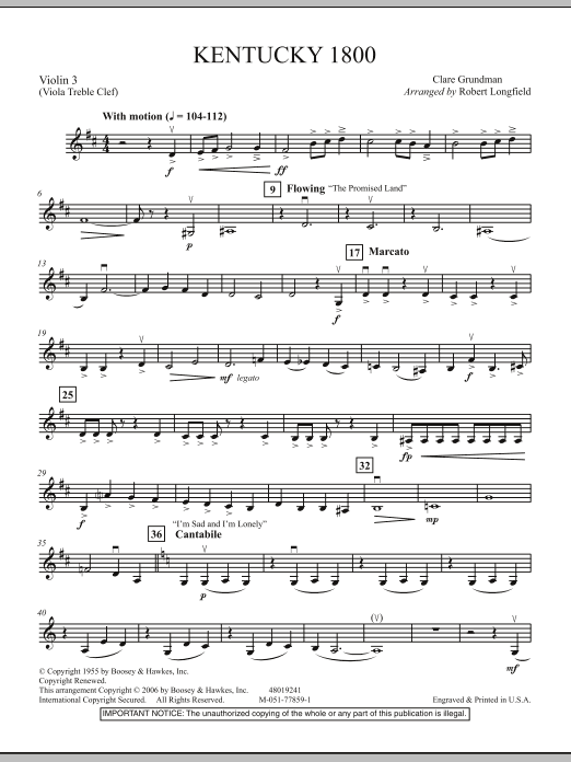 Robert Longfield Kentucky 1800 - Violin 3 (Viola T.C.) Sheet Music Notes & Chords for Orchestra - Download or Print PDF