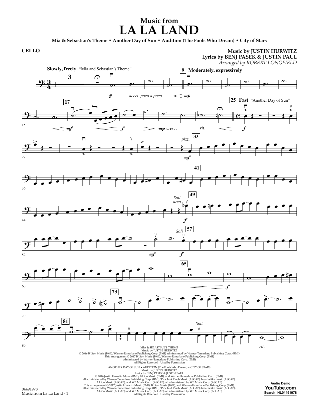 Robert Longfield Music from La La Land - Cello Sheet Music Notes & Chords for Orchestra - Download or Print PDF