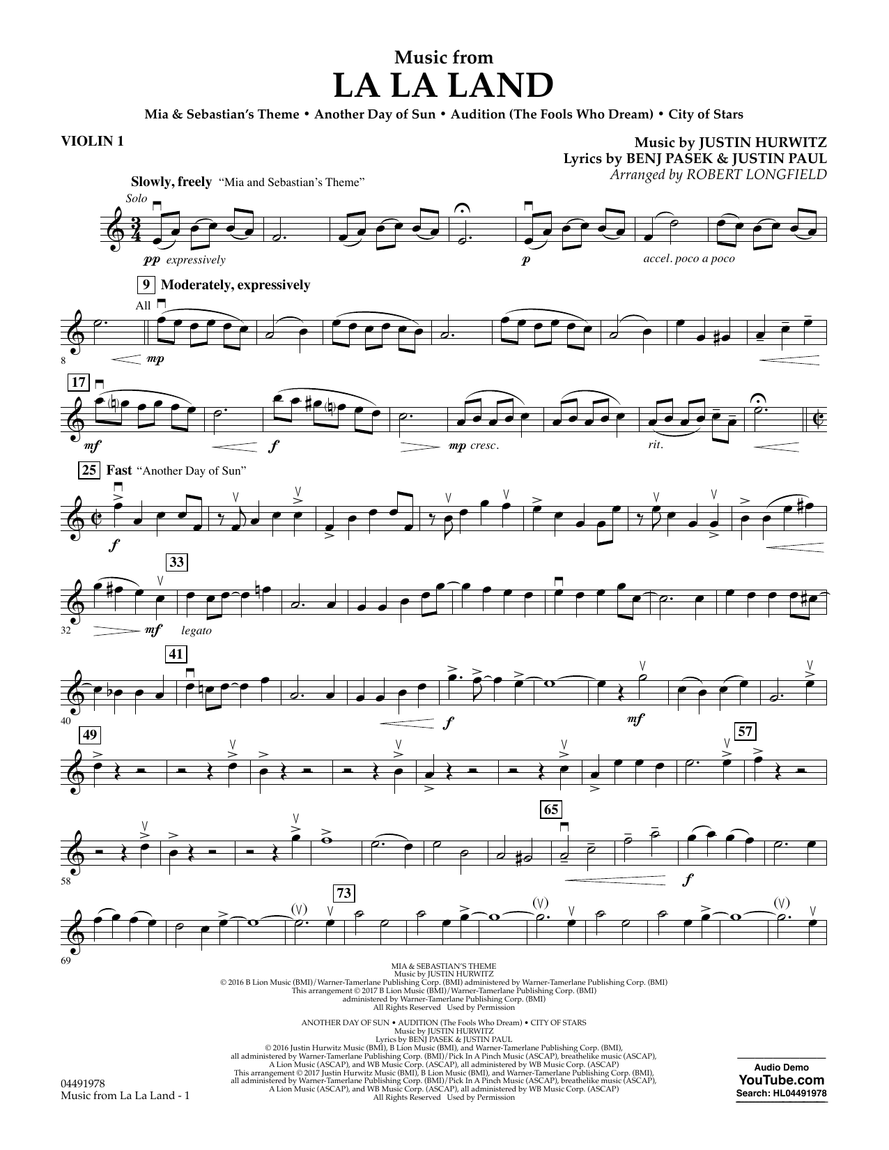 Robert Longfield Music from La La Land - Violin 1 Sheet Music Notes & Chords for Orchestra - Download or Print PDF