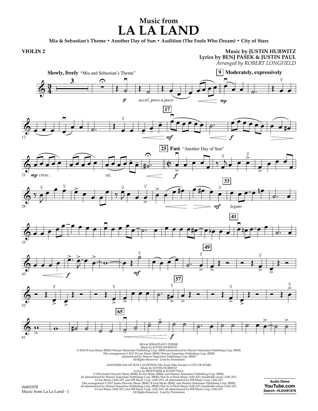 Robert Longfield Music from La La Land - Violin 2 Sheet Music Notes & Chords for Orchestra - Download or Print PDF