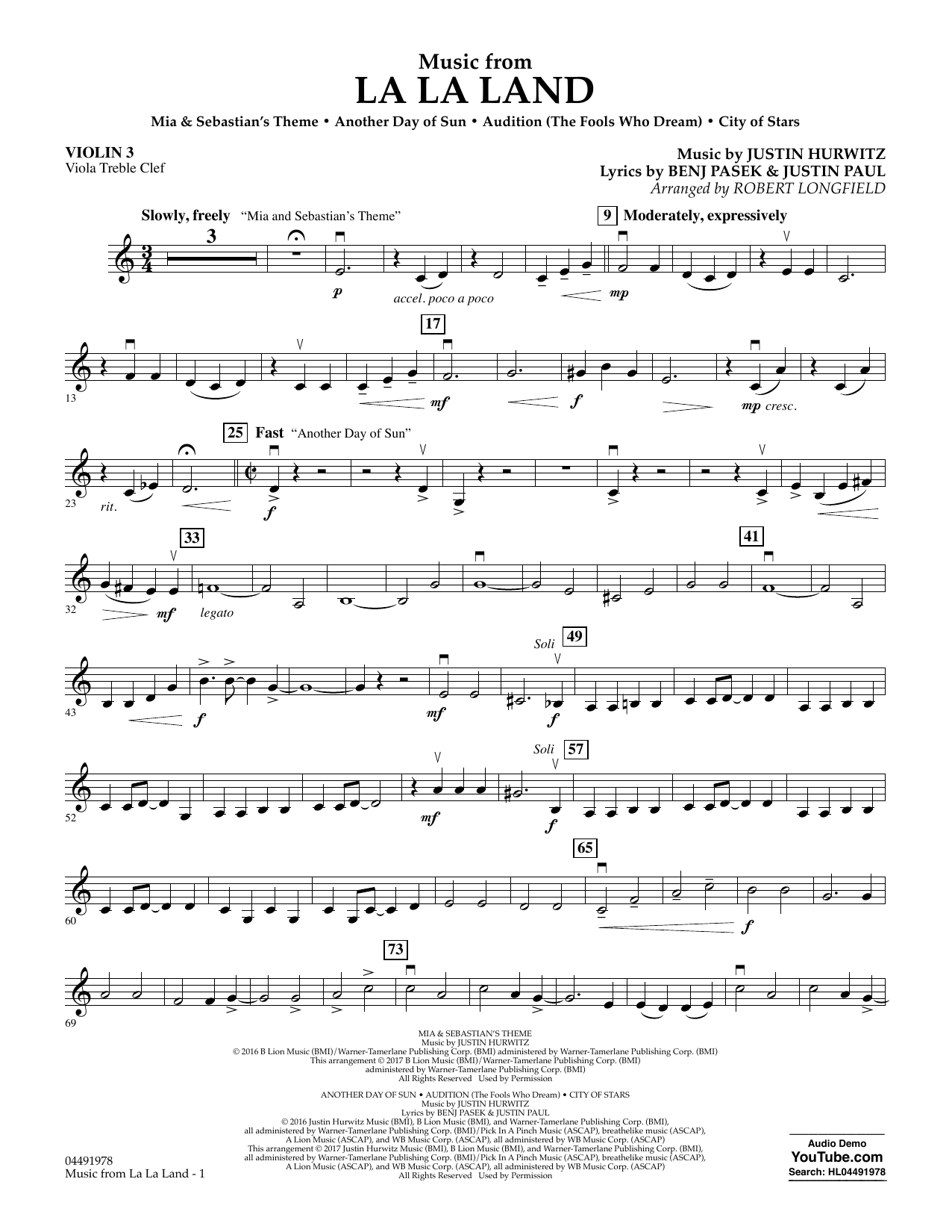 Robert Longfield Music from La La Land - Violin 3 (Viola Treble Clef) Sheet Music Notes & Chords for Orchestra - Download or Print PDF