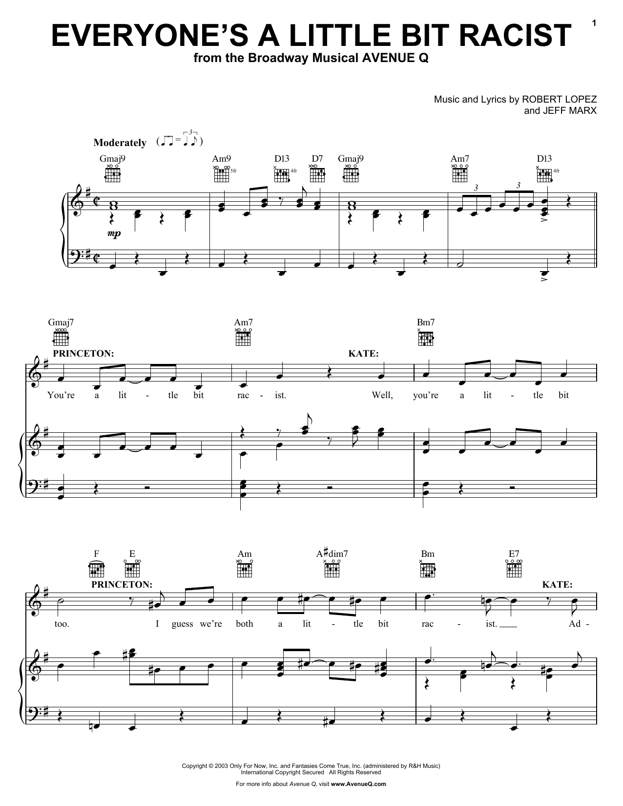 Robert Lopez & Jeff Marx Everyone's A Little Bit Racist (from Avenue Q) Sheet Music Notes & Chords for Piano, Vocal & Guitar (Right-Hand Melody) - Download or Print PDF