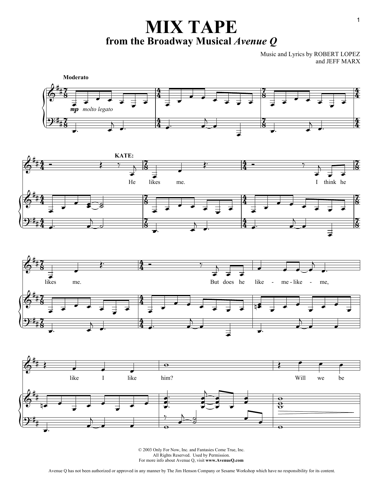 Robert Lopez & Jeff Marx Mix Tape (from Avenue Q) Sheet Music Notes & Chords for Piano, Vocal & Guitar (Right-Hand Melody) - Download or Print PDF