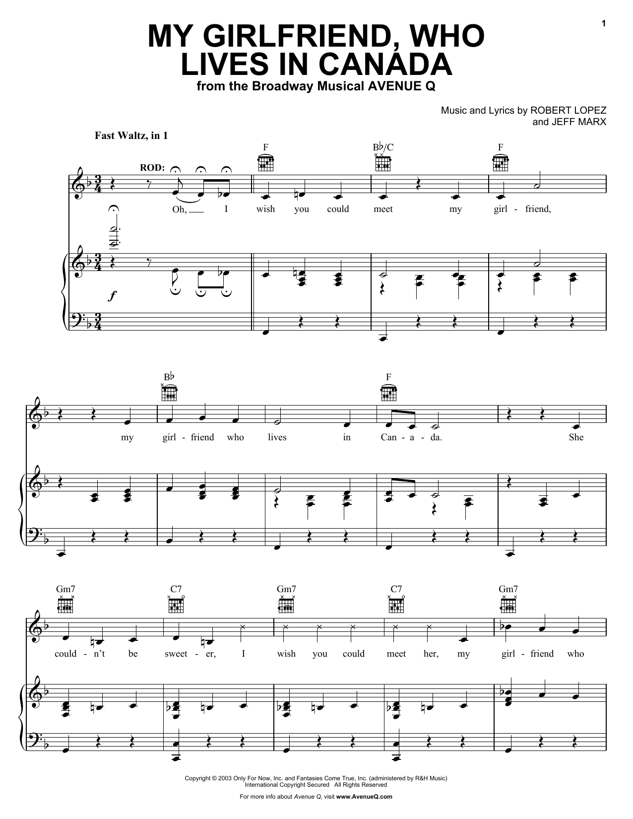 Robert Lopez & Jeff Marx My Girlfriend, Who Lives In Canada (from Avenue Q) Sheet Music Notes & Chords for Piano, Vocal & Guitar (Right-Hand Melody) - Download or Print PDF