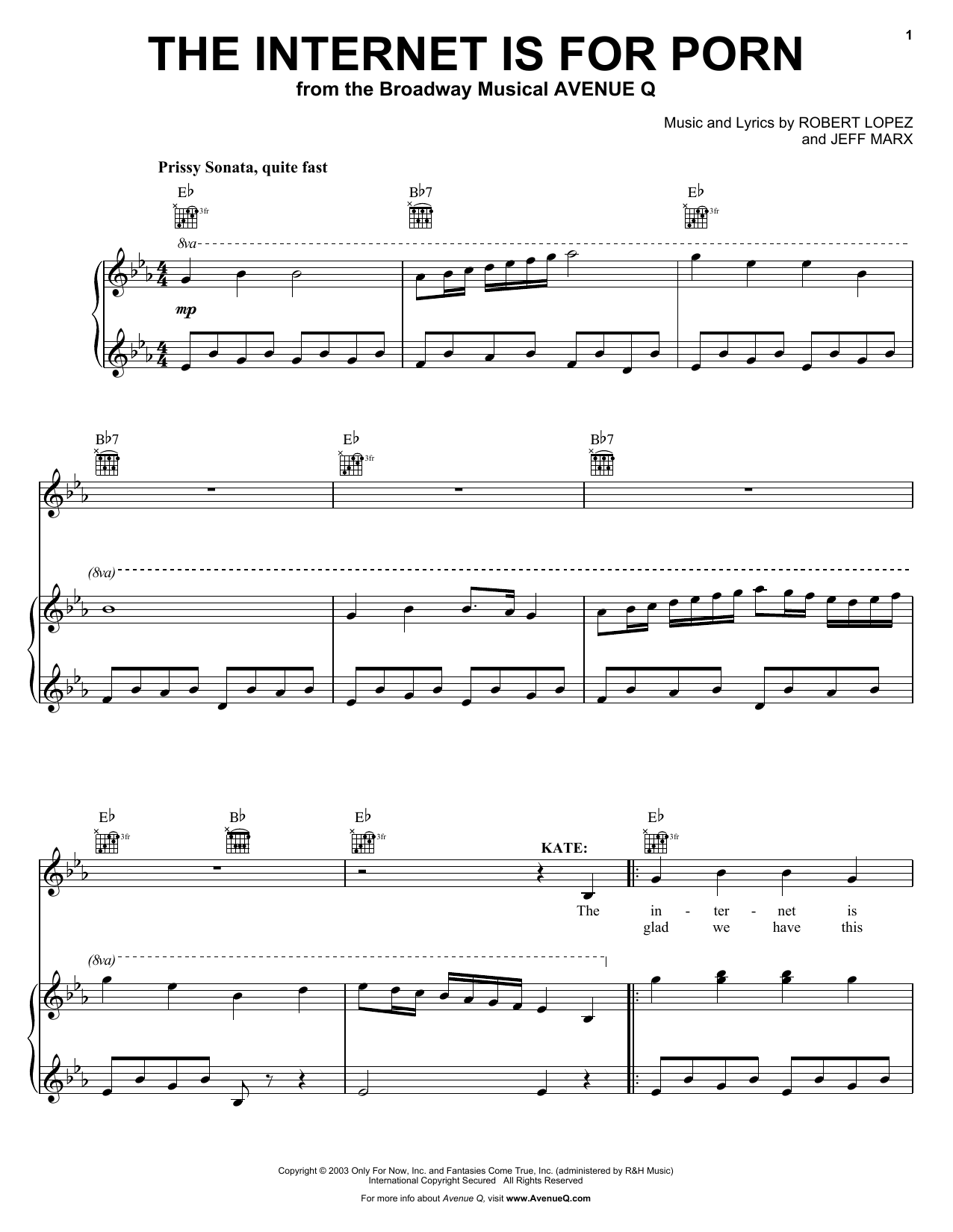 Robert Lopez & Jeff Marx The Internet Is For Porn (from Avenue Q) Sheet Music Notes & Chords for Piano, Vocal & Guitar (Right-Hand Melody) - Download or Print PDF