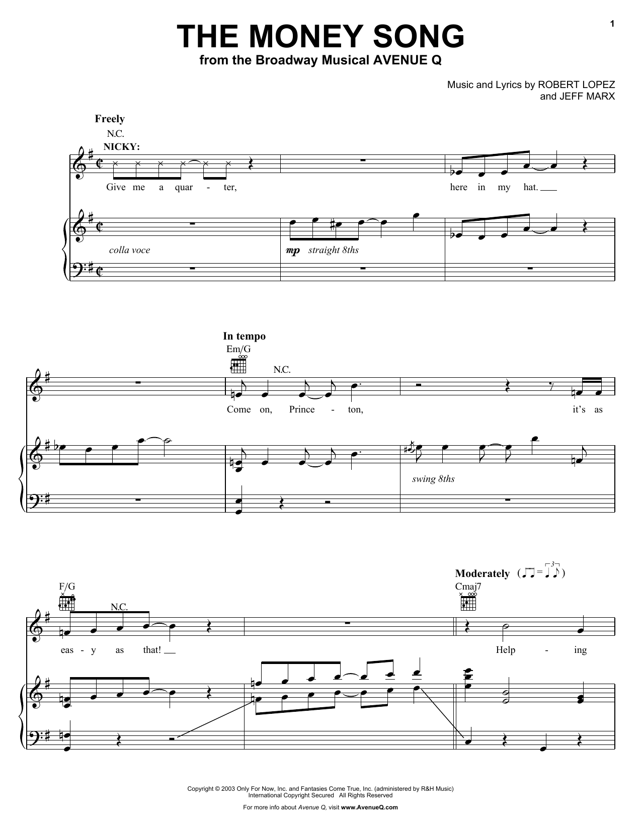 Robert Lopez & Jeff Marx The Money Song (from Avenue Q) Sheet Music Notes & Chords for Piano, Vocal & Guitar (Right-Hand Melody) - Download or Print PDF