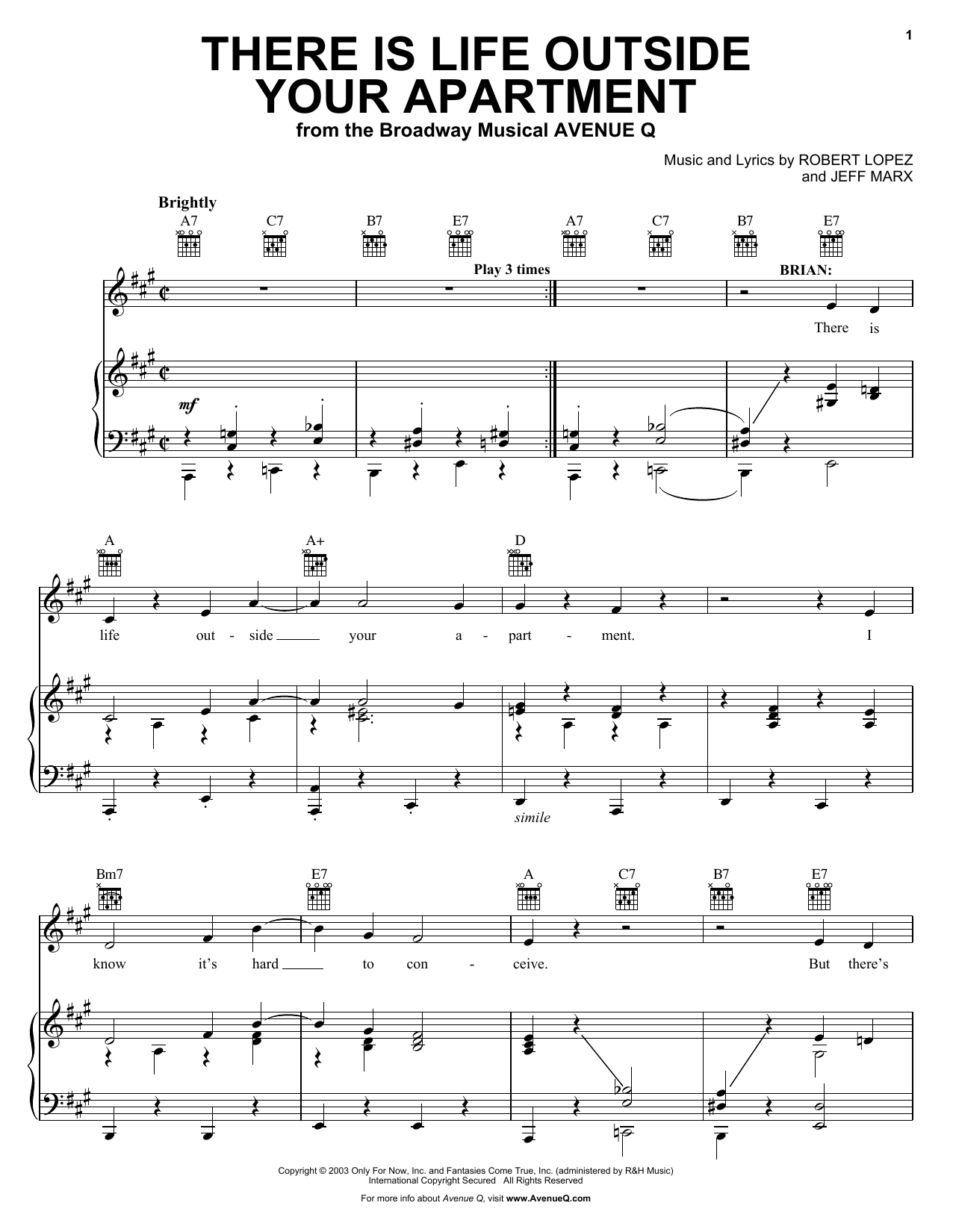 Robert Lopez & Jeff Marx There Is Life Outside Your Apartment (from Avenue Q) Sheet Music Notes & Chords for Piano, Vocal & Guitar (Right-Hand Melody) - Download or Print PDF