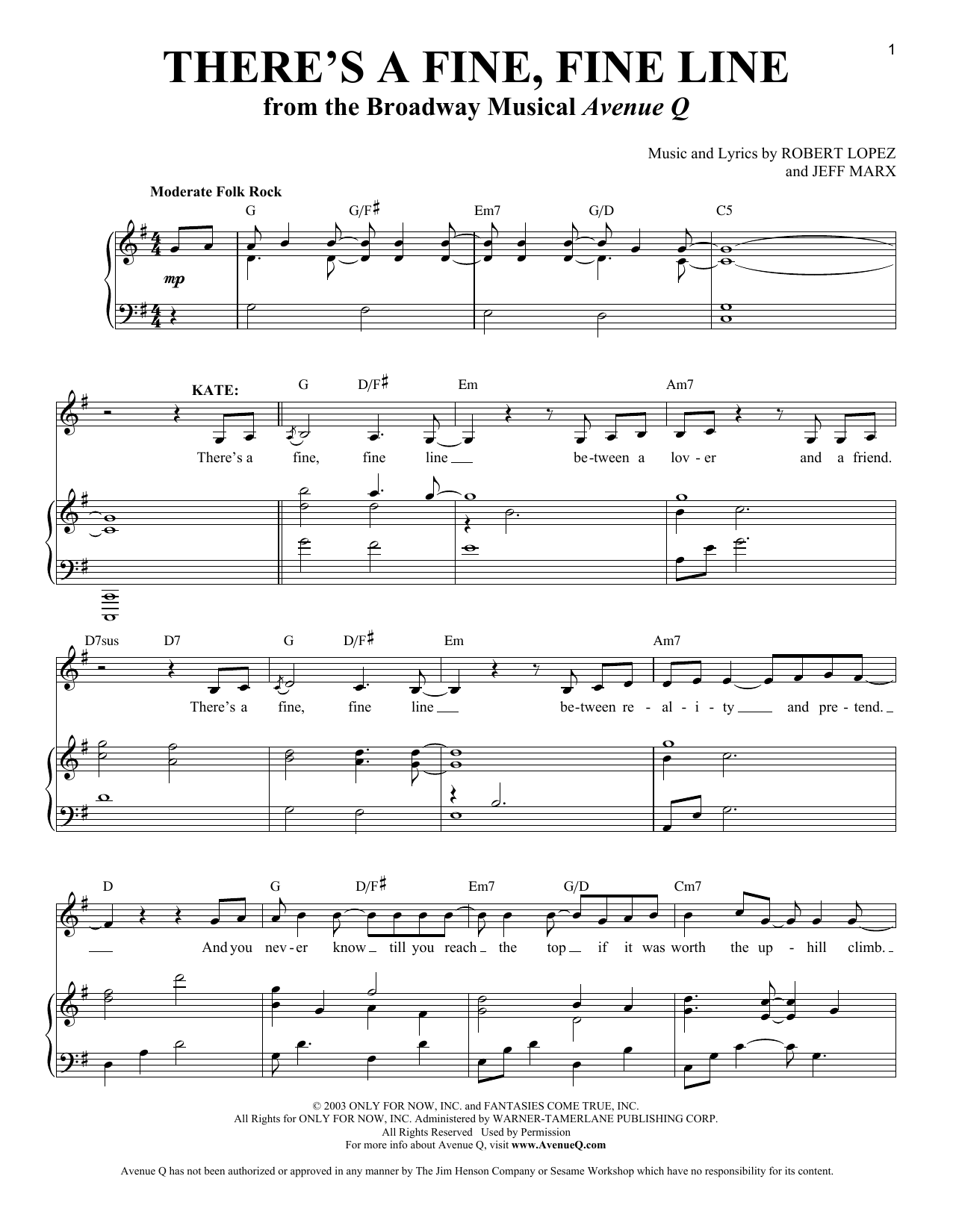 Robert Lopez & Jeff Marx There's A Fine, Fine Line (from Avenue Q) Sheet Music Notes & Chords for Melody Line, Lyrics & Chords - Download or Print PDF