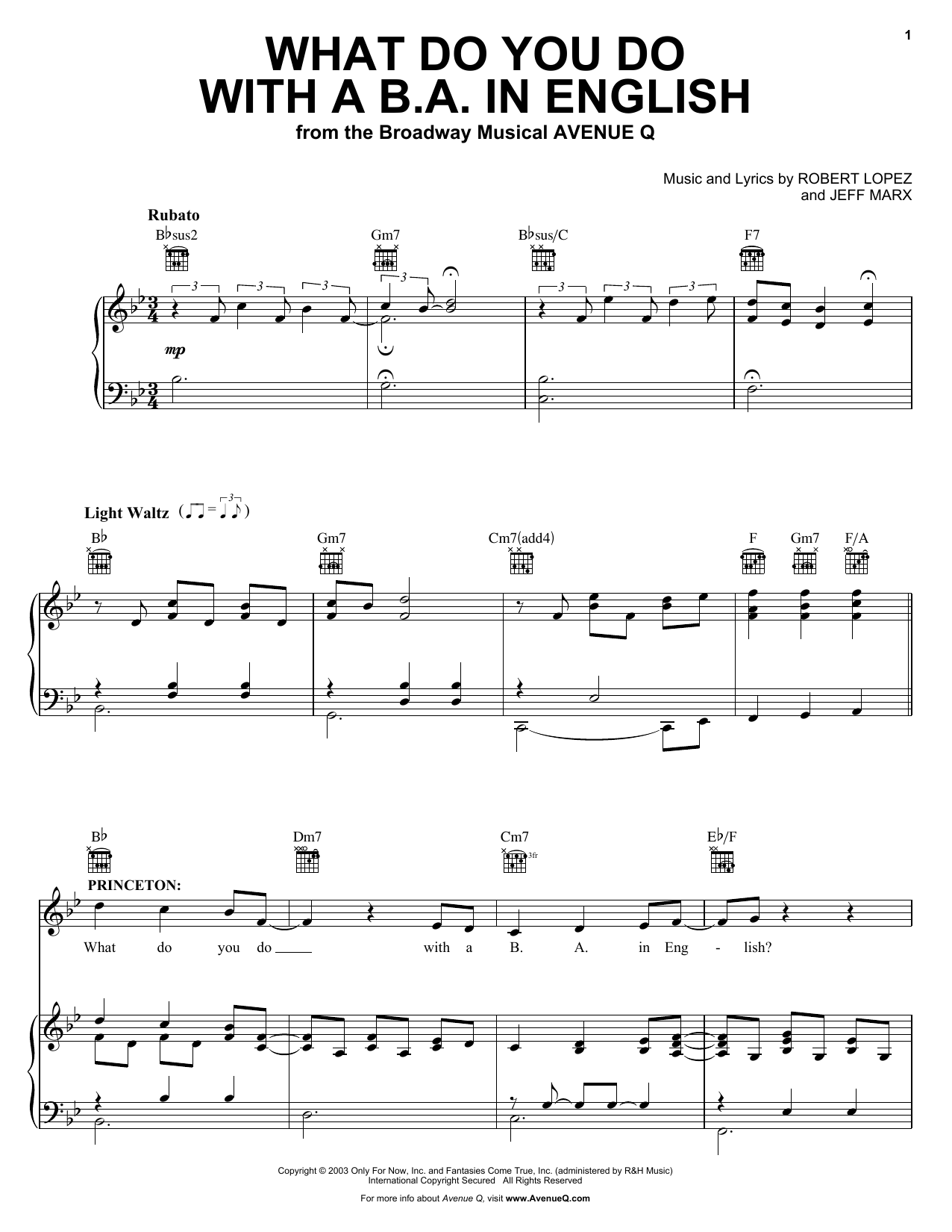 Robert Lopez & Jeff Marx What Do You Do With A B.A. In English (from Avenue Q) Sheet Music Notes & Chords for Piano, Vocal & Guitar (Right-Hand Melody) - Download or Print PDF