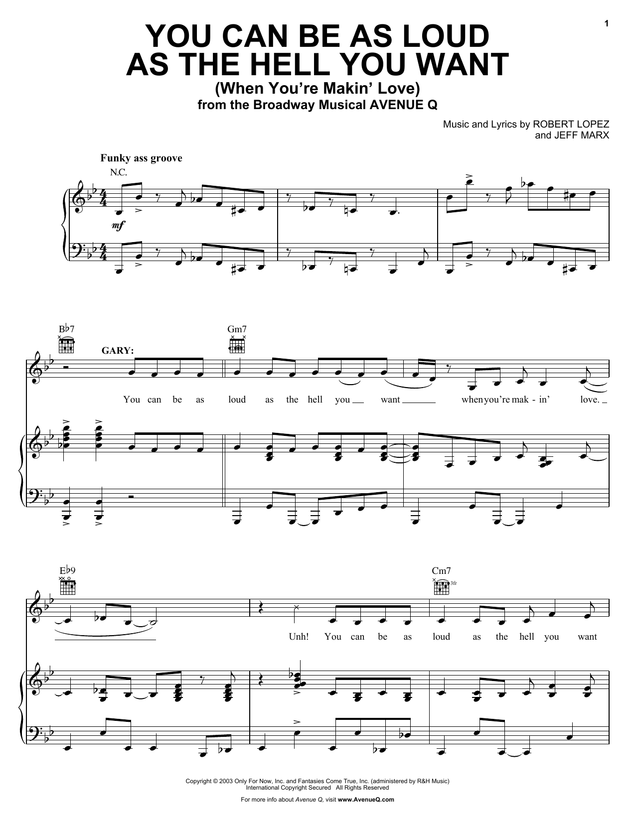 Robert Lopez & Jeff Marx You Can Be As Loud As The Hell You Want (When You're Makin' Love) (from Avenue Q) Sheet Music Notes & Chords for Piano, Vocal & Guitar (Right-Hand Melody) - Download or Print PDF