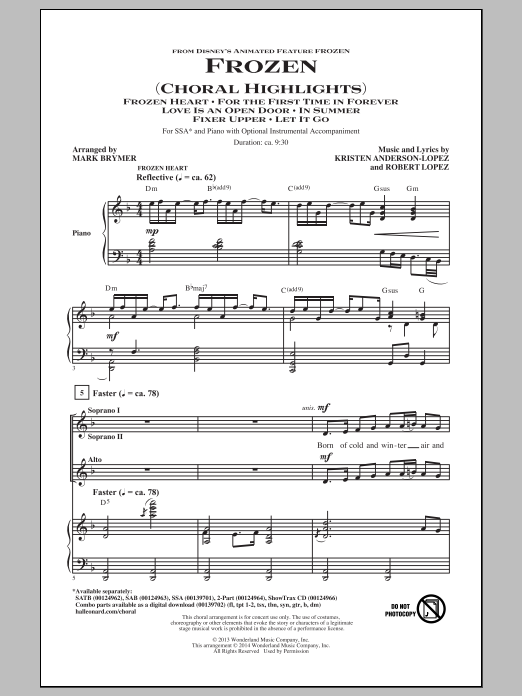 Robert Lopez Frozen (Choral Highlights) (arr. Mark Brymer) Sheet Music Notes & Chords for SSA - Download or Print PDF