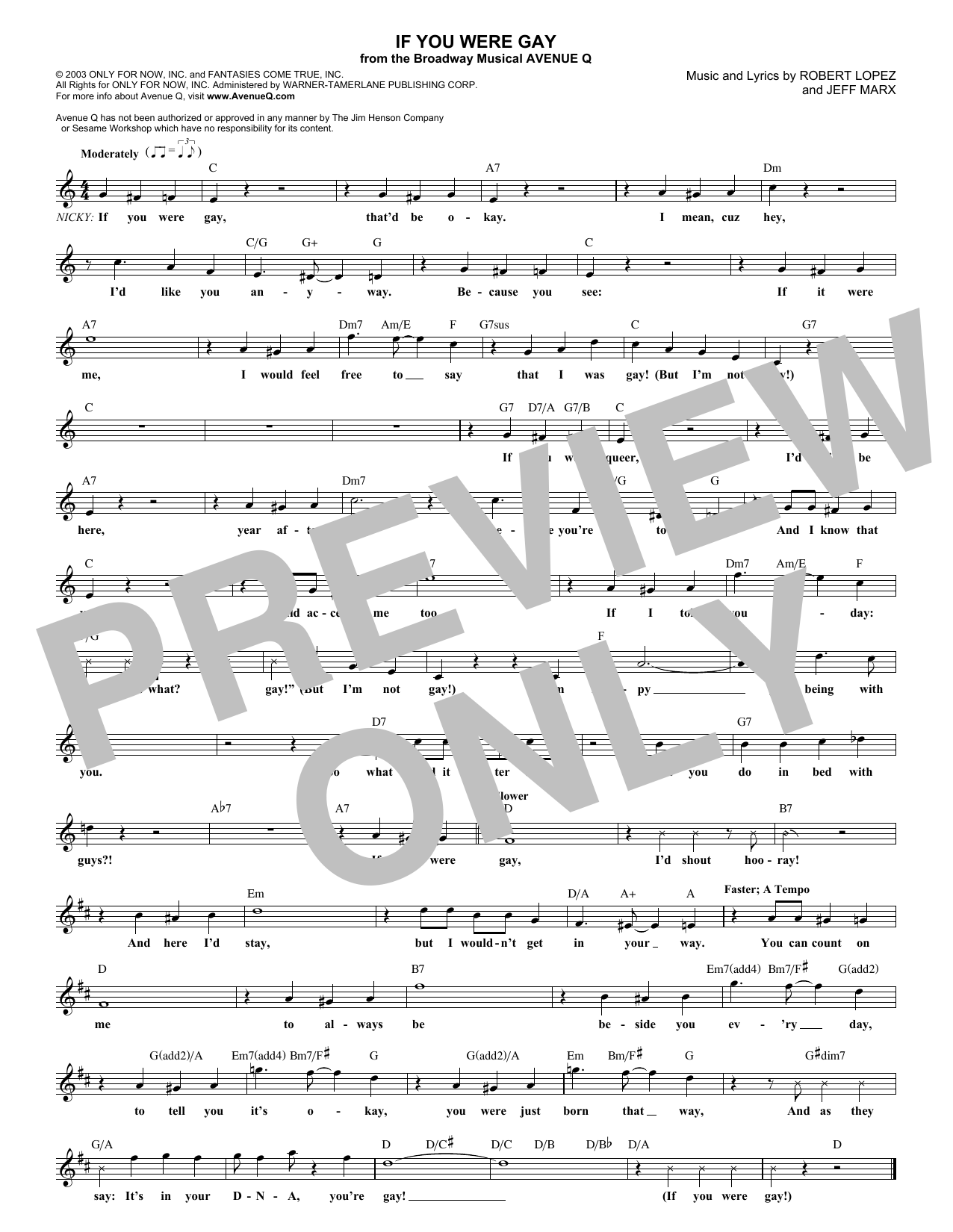 Robert Lopez If You Were Gay Sheet Music Notes & Chords for Melody Line, Lyrics & Chords - Download or Print PDF