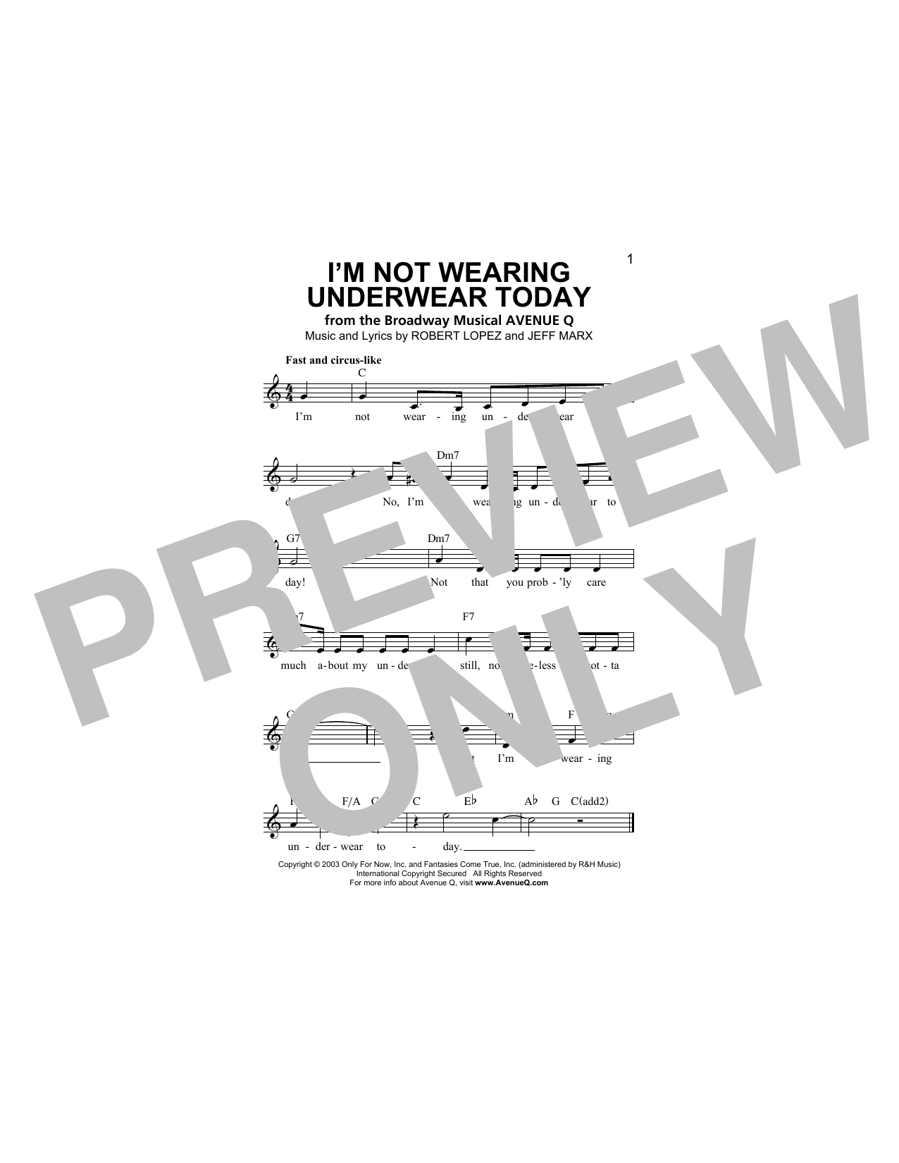 Robert Lopez I'm Not Wearing Underwear Today Sheet Music Notes & Chords for Melody Line, Lyrics & Chords - Download or Print PDF
