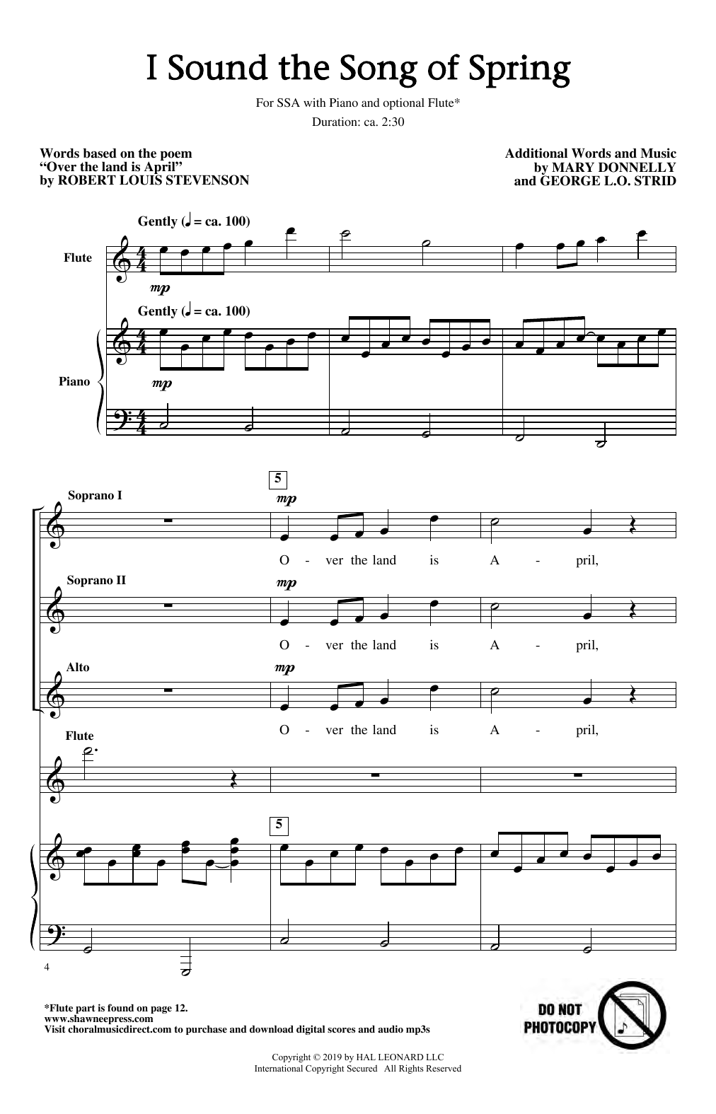 Robert Louis Stevenson I Sound The Song Of Spring Sheet Music Notes & Chords for SSA Choir - Download or Print PDF