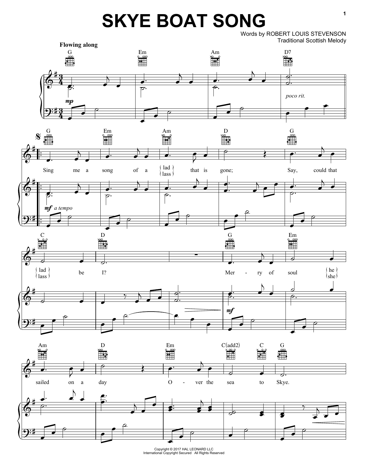 Robert Louis Stevenson Skye Boat Song Sheet Music Notes & Chords for Piano, Vocal & Guitar (Right-Hand Melody) - Download or Print PDF