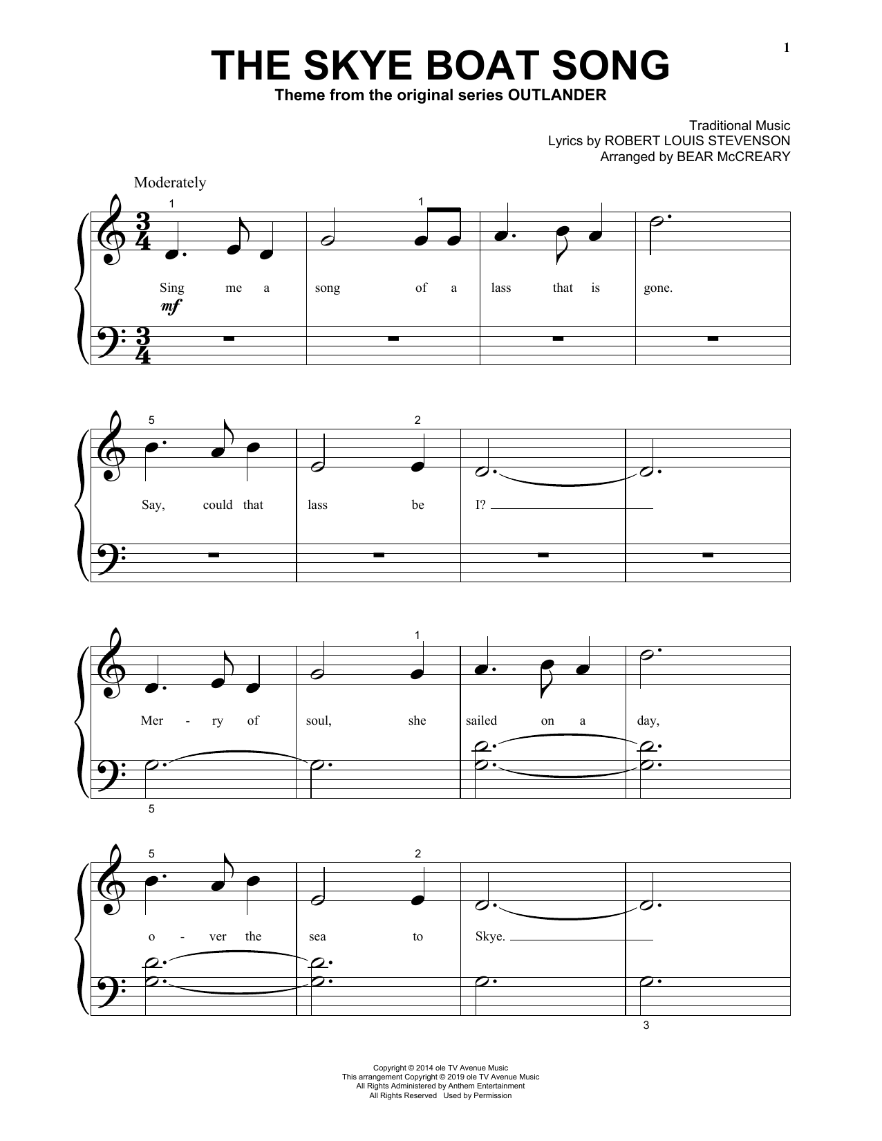 Robert Louis Stevenson The Skye Boat Song (from Outlander) (arr. Bear McCreary) Sheet Music Notes & Chords for Very Easy Piano - Download or Print PDF