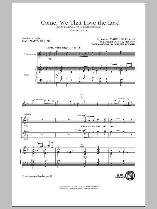 Robert Lowry Come, We That Love The Lord Sheet Music Notes & Chords for SATB - Download or Print PDF