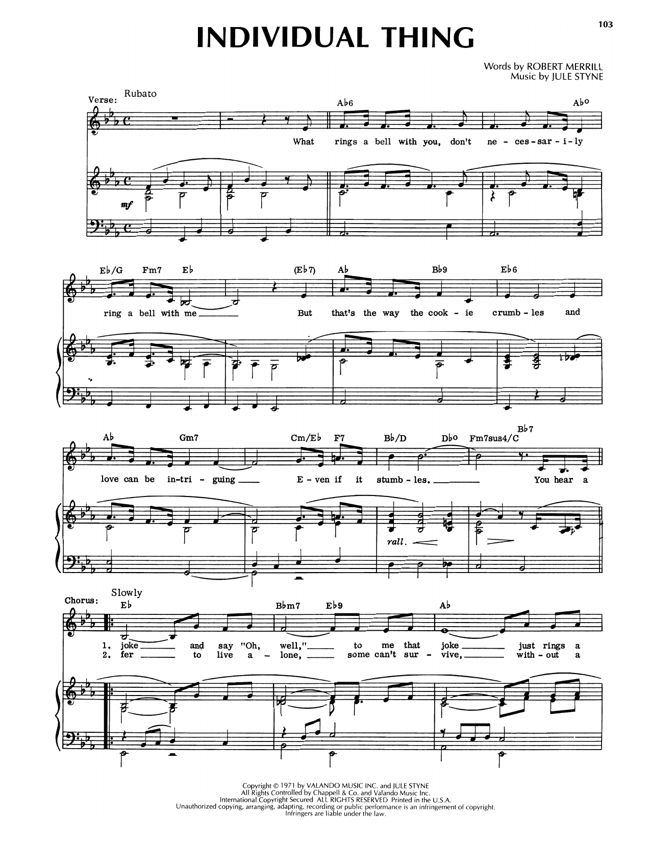 Robert Merrill and Jule Styne Individual Thing Sheet Music Notes & Chords for Piano & Vocal - Download or Print PDF