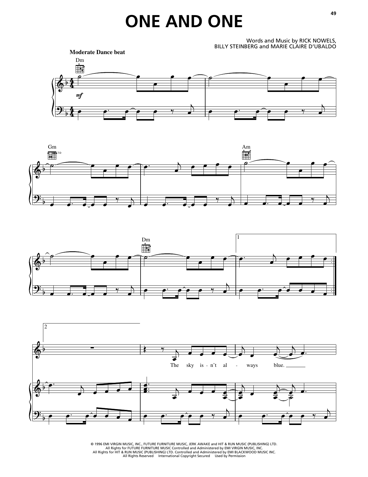 Robert Miles One & One (feat. Maria Naylor) Sheet Music Notes & Chords for Piano, Vocal & Guitar Chords (Right-Hand Melody) - Download or Print PDF