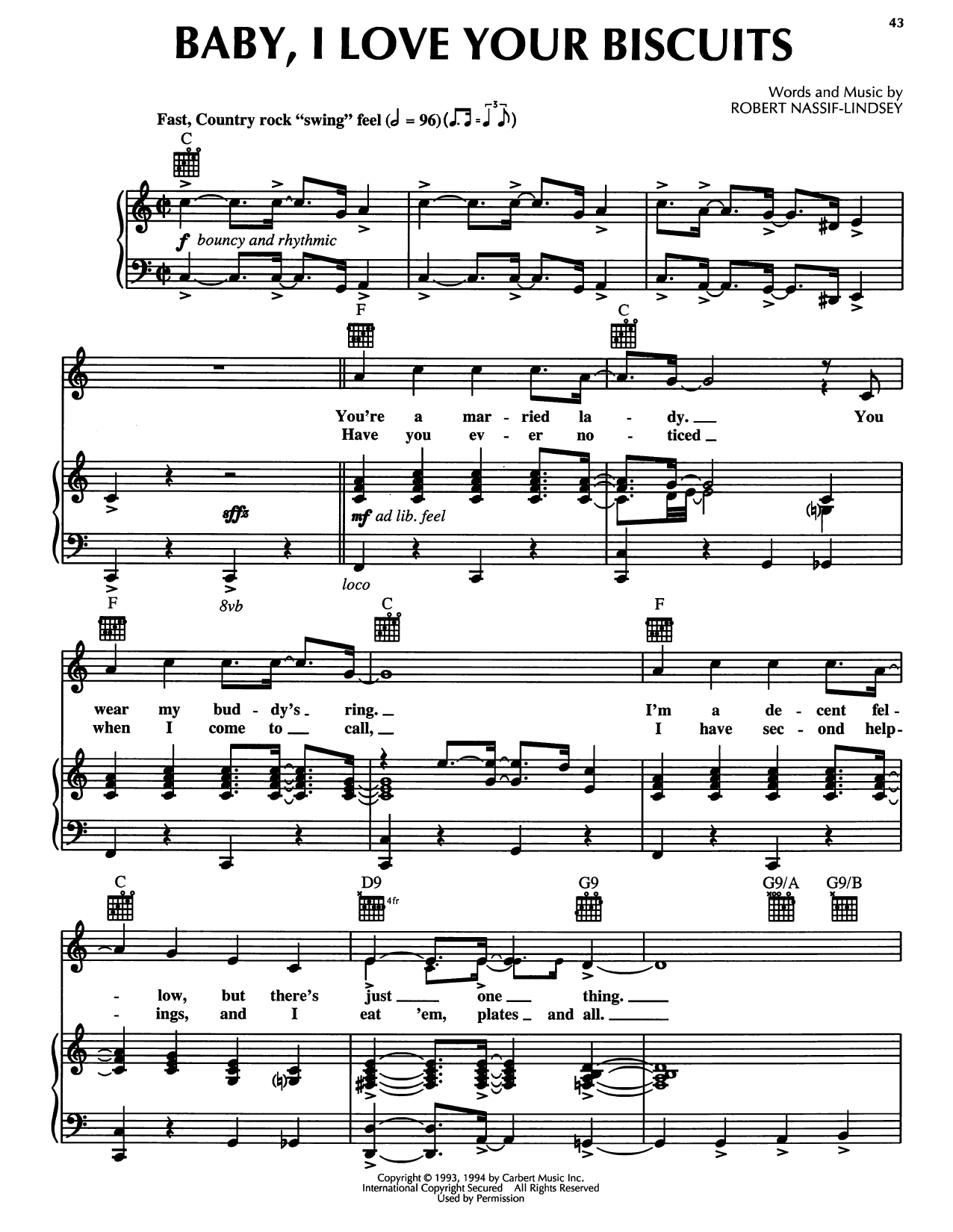 Robert Nassif-Lindsey Baby, I Love Your Biscuits (from Honky Tonk Highway) Sheet Music Notes & Chords for Piano, Vocal & Guitar Chords (Right-Hand Melody) - Download or Print PDF