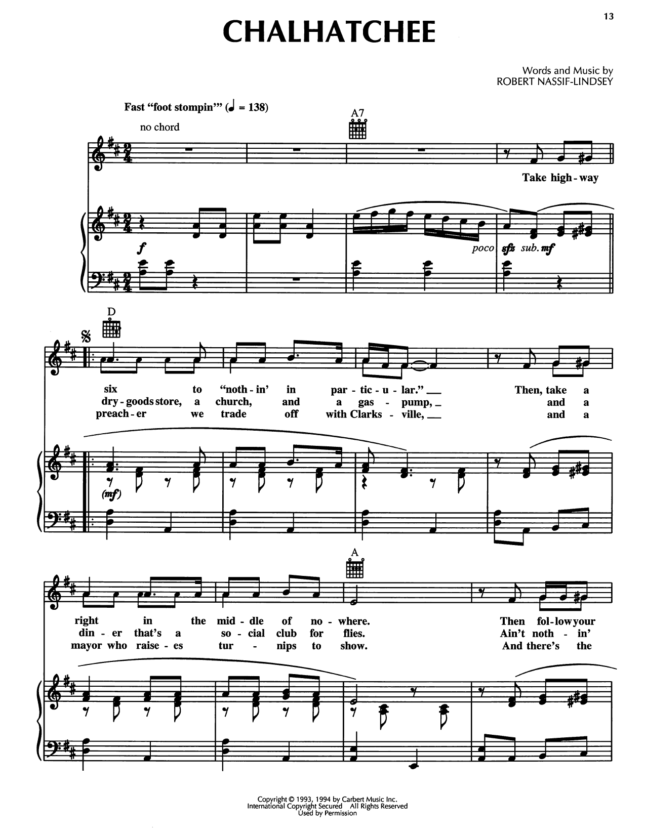 Robert Nassif-Lindsey Chalhatchee (from Honky Tonk Highway) Sheet Music Notes & Chords for Piano, Vocal & Guitar Chords (Right-Hand Melody) - Download or Print PDF