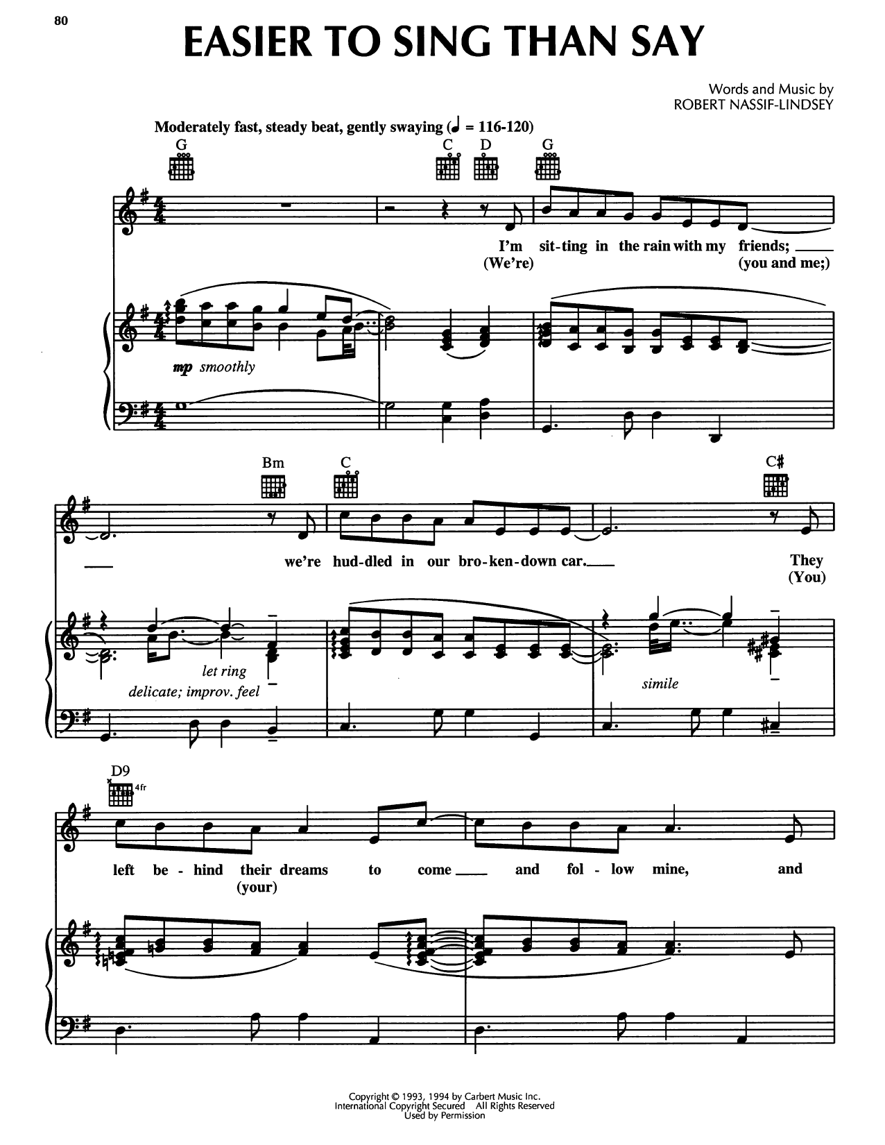 Robert Nassif-Lindsey Easier To Sing Than Say (from Honky Tonk Highway) Sheet Music Notes & Chords for Piano, Vocal & Guitar Chords (Right-Hand Melody) - Download or Print PDF
