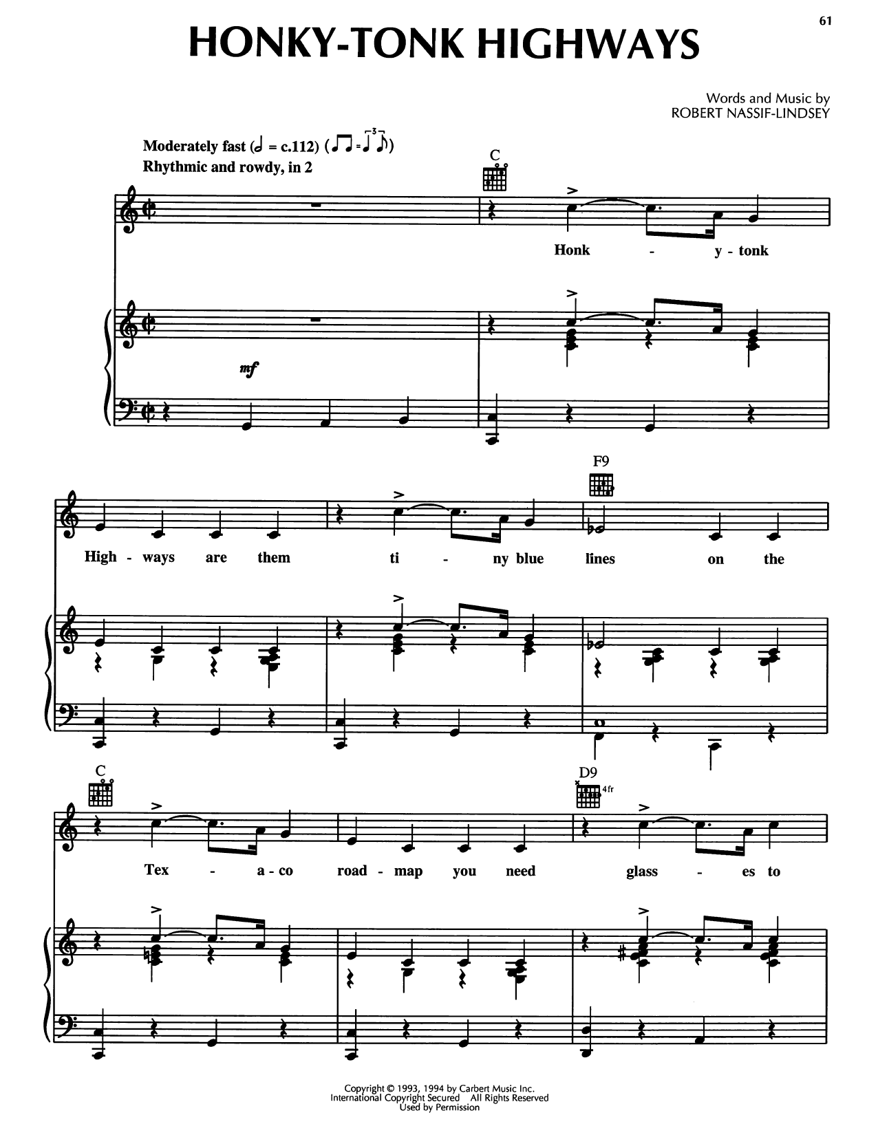 Robert Nassif-Lindsey Honky-Tonk Highways Sheet Music Notes & Chords for Piano, Vocal & Guitar Chords (Right-Hand Melody) - Download or Print PDF