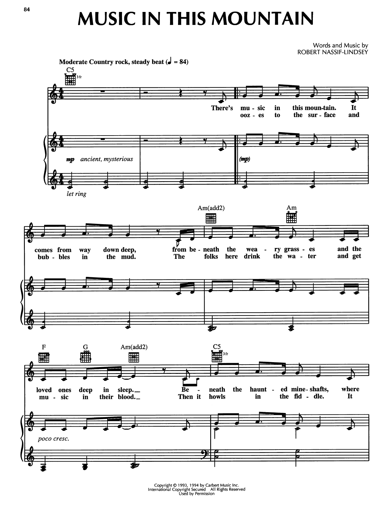 Robert Nassif-Lindsey Music In This Mountain (from Honky Tonk Highway) Sheet Music Notes & Chords for Piano, Vocal & Guitar Chords (Right-Hand Melody) - Download or Print PDF