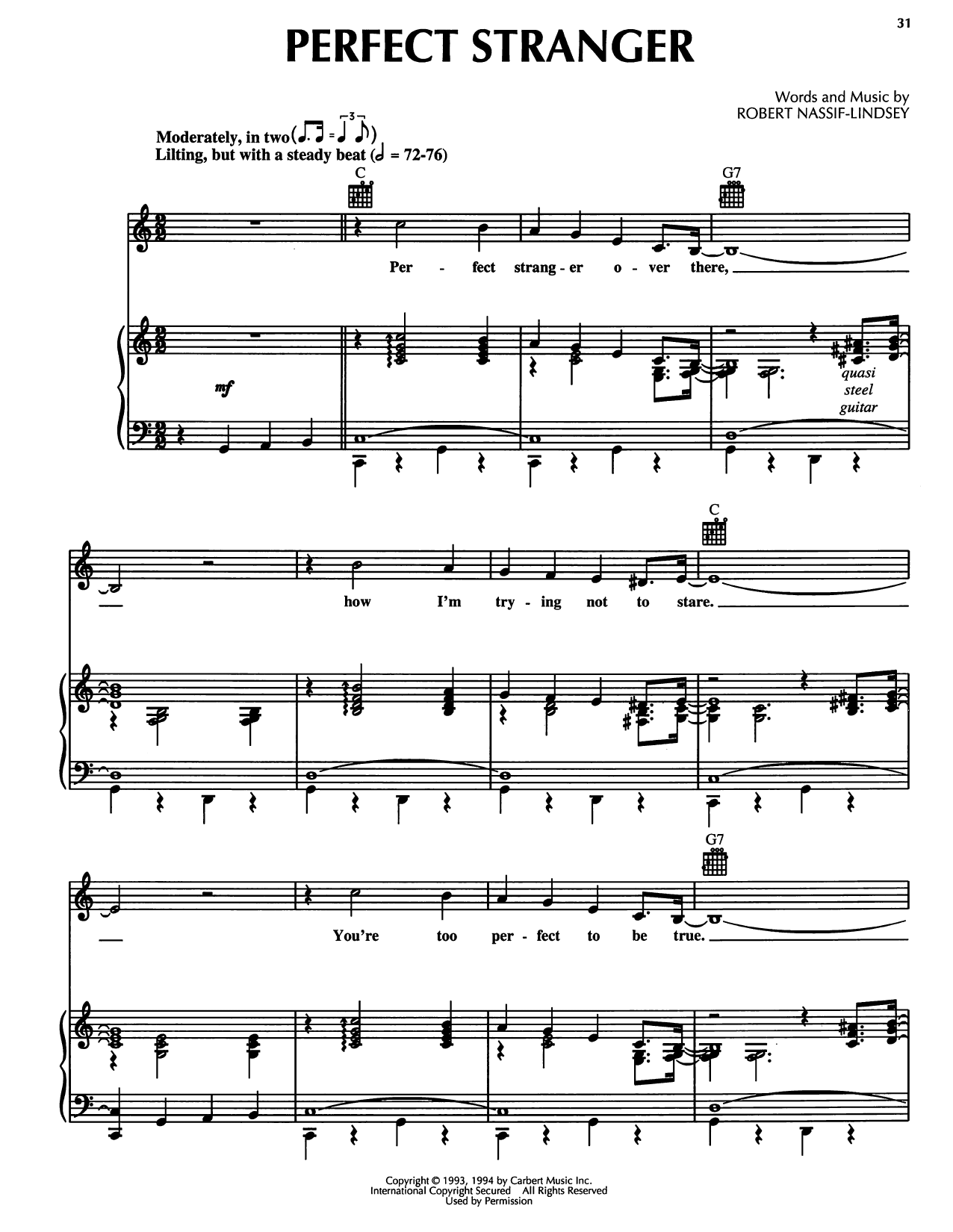 Robert Nassif-Lindsey Perfect Stranger (from Honky Tonk Highway) Sheet Music Notes & Chords for Piano, Vocal & Guitar Chords (Right-Hand Melody) - Download or Print PDF