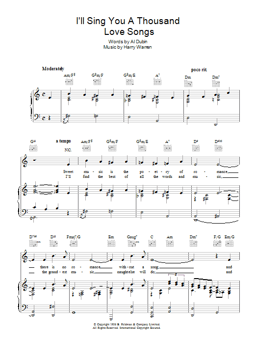 Robert Paige I'll Sing You A Thousand Love Songs Sheet Music Notes & Chords for Piano, Vocal & Guitar (Right-Hand Melody) - Download or Print PDF