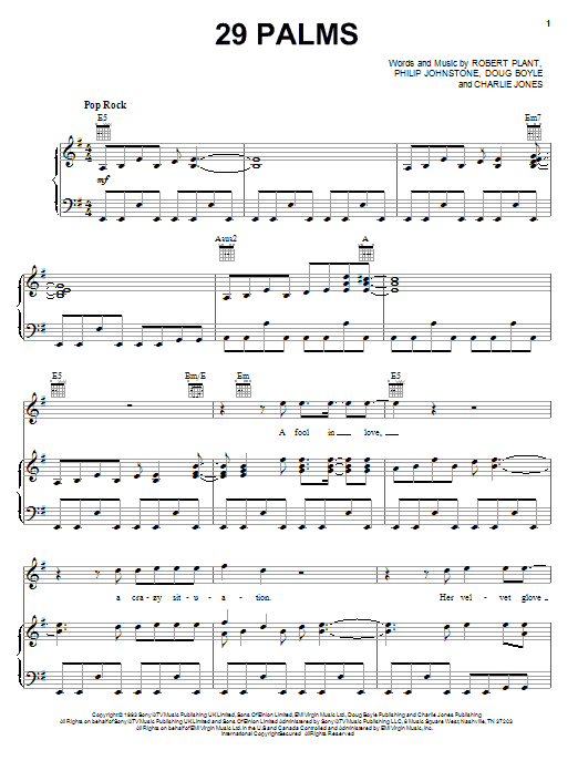 Robert Plant 29 Palms Sheet Music Notes & Chords for Piano, Vocal & Guitar (Right-Hand Melody) - Download or Print PDF Robert Plant 29 Palms Sheet Music Notes & Chords for Piano, Vocal & Guitar (Right-Hand Melody) - Download or Print PDF