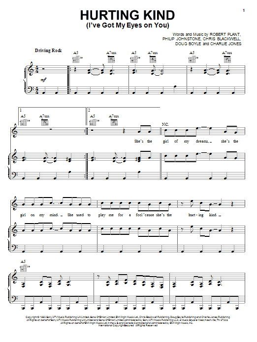 Robert Plant Hurting Kind (I've Got My Eyes On You) Sheet Music Notes & Chords for Piano, Vocal & Guitar (Right-Hand Melody) - Download or Print PDF
