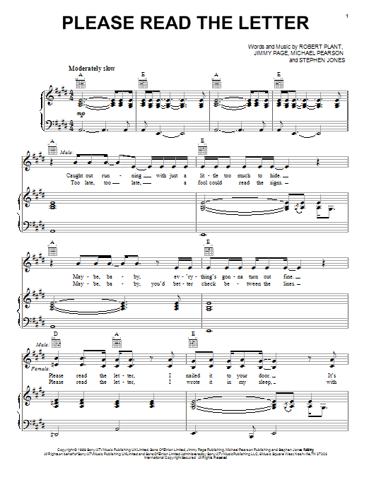 Robert Plant Please Read The Letter Sheet Music Notes & Chords for Piano, Vocal & Guitar (Right-Hand Melody) - Download or Print PDF