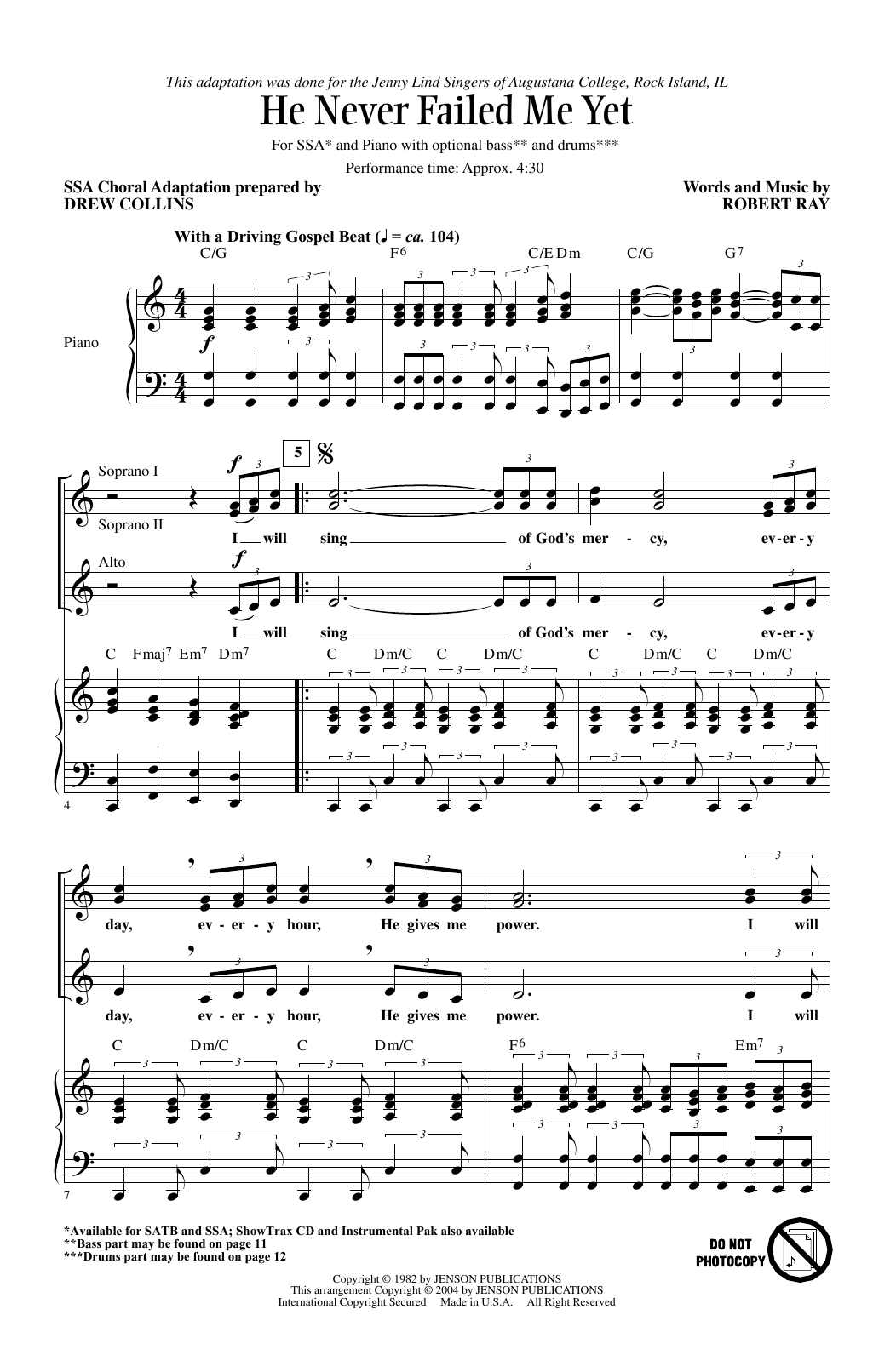 Robert Ray He Never Failed Me Yet (arr. Drew Collins) Sheet Music Notes & Chords for SSA Choir - Download or Print PDF