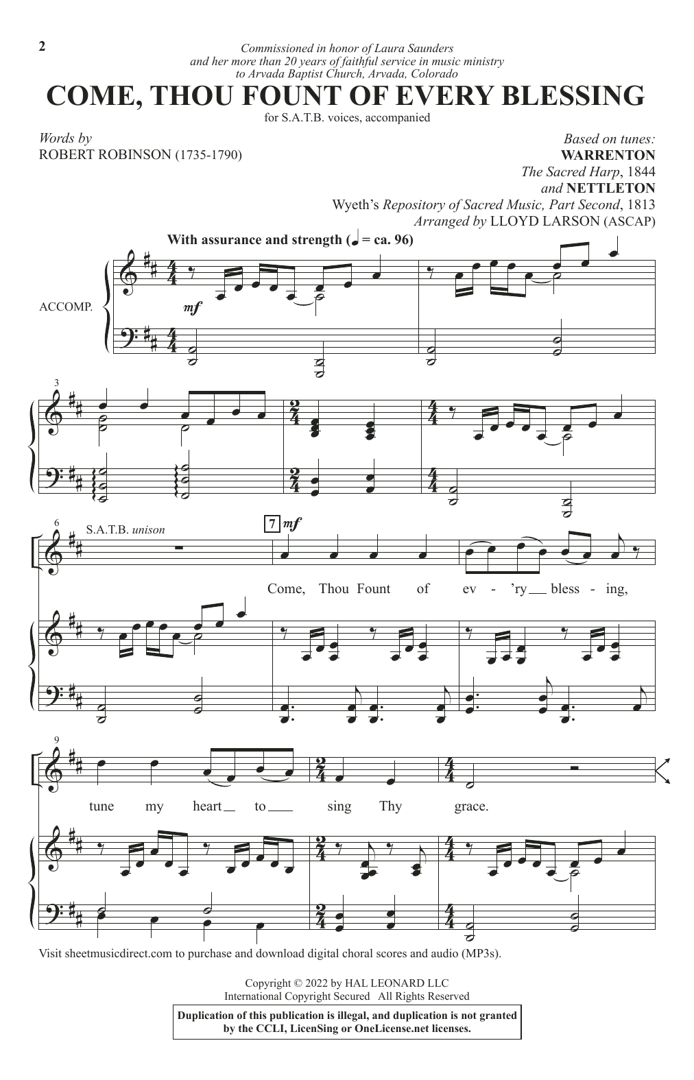 Robert Robinson Come, Thou Fount Of Every Blessing (arr. Lloyd Larson) Sheet Music Notes & Chords for SATB Choir - Download or Print PDF