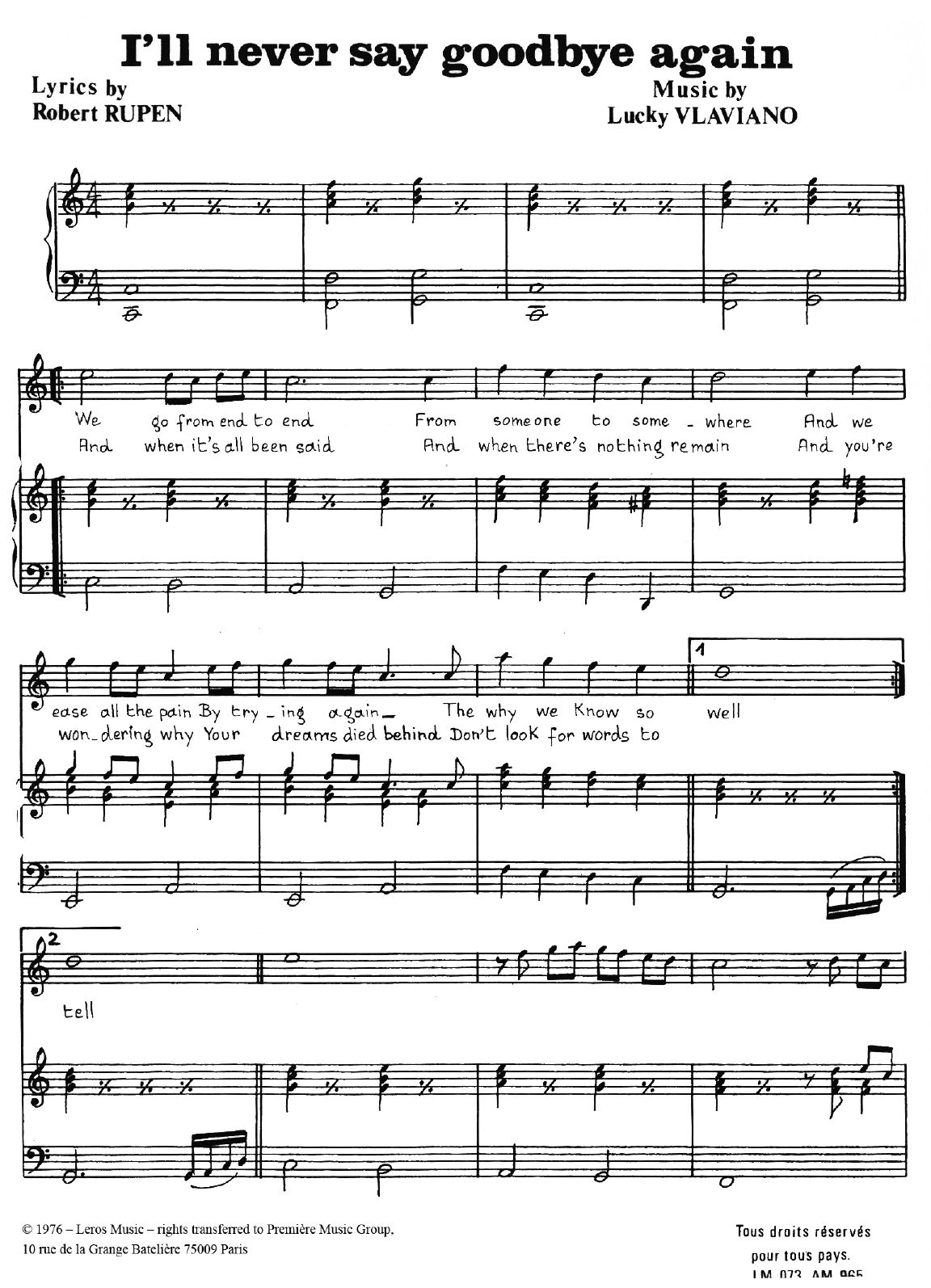 Robert Rupen I'll Never Say Goodbye Again Sheet Music Notes & Chords for Piano, Vocal & Guitar (Right-Hand Melody) - Download or Print PDF