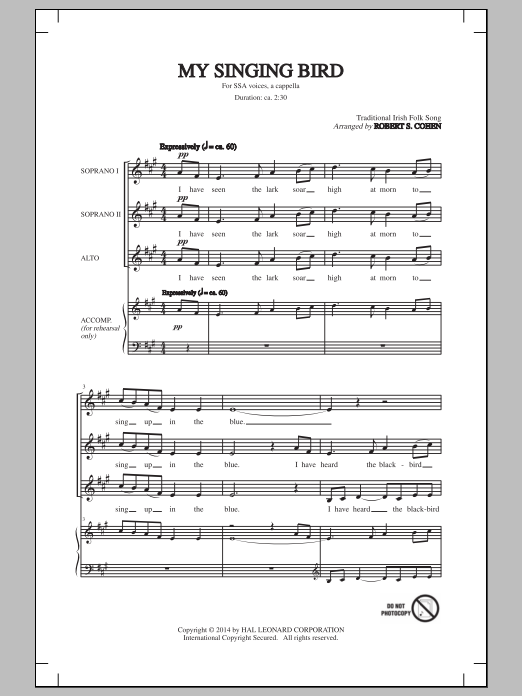 Robert S. Cohen My Singing Bird Sheet Music Notes & Chords for SSA - Download or Print PDF