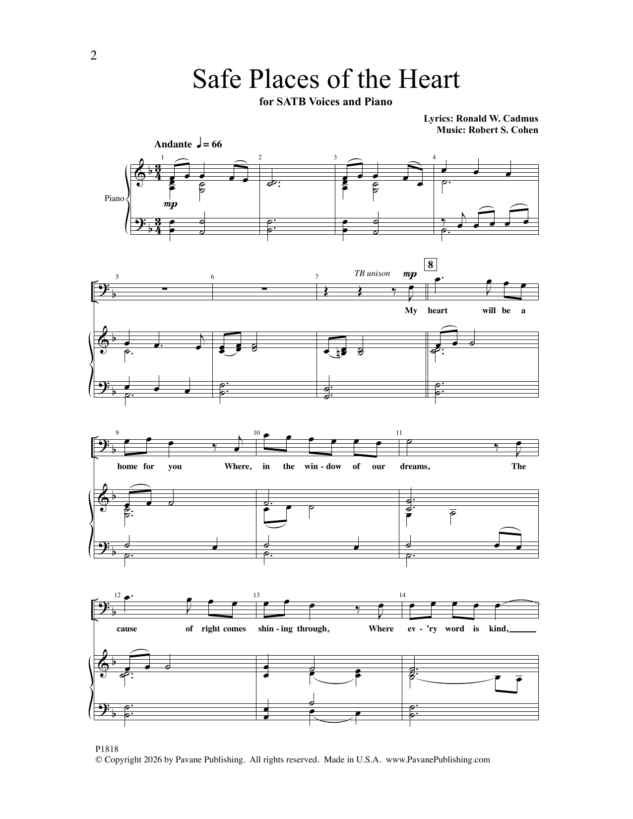 Robert S. Cohen Safe Places Of The Heart Sheet Music Notes & Chords for SATB Choir - Download or Print PDF