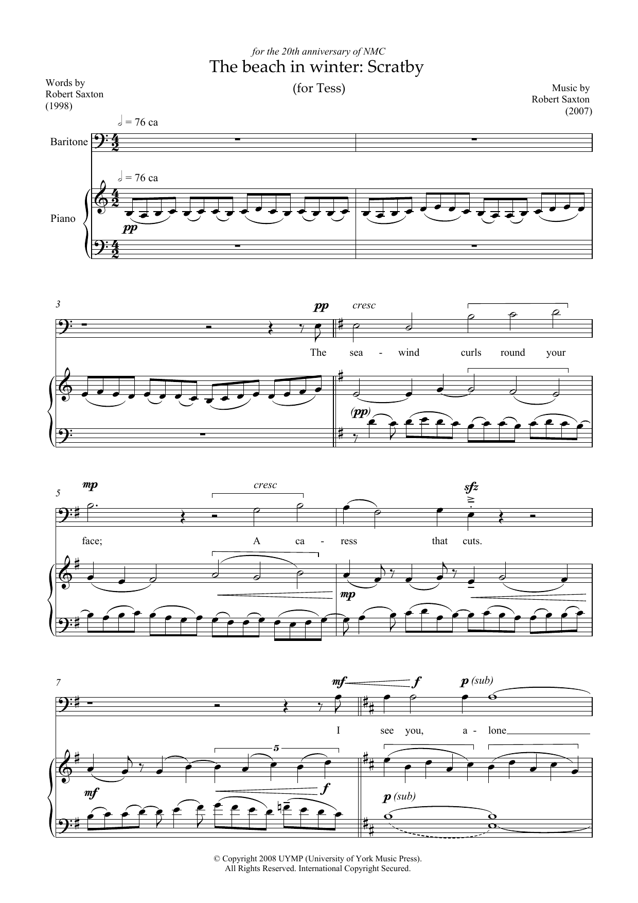 Robert Saxton The beach in winter: Scratby (for baritone and piano) Sheet Music Notes & Chords for Piano & Vocal - Download or Print PDF