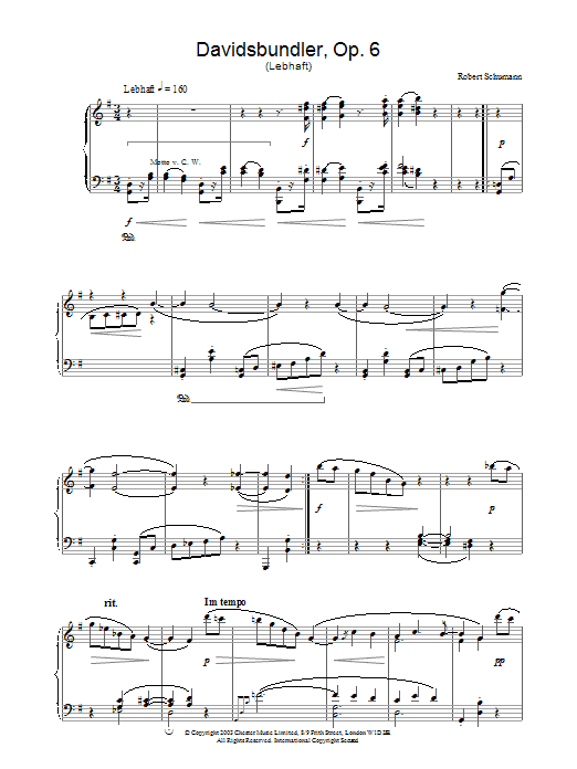 Robert Schumann Davidsbundler, Op. 6 (Lebhaft) Sheet Music Notes & Chords for Piano - Download or Print PDF