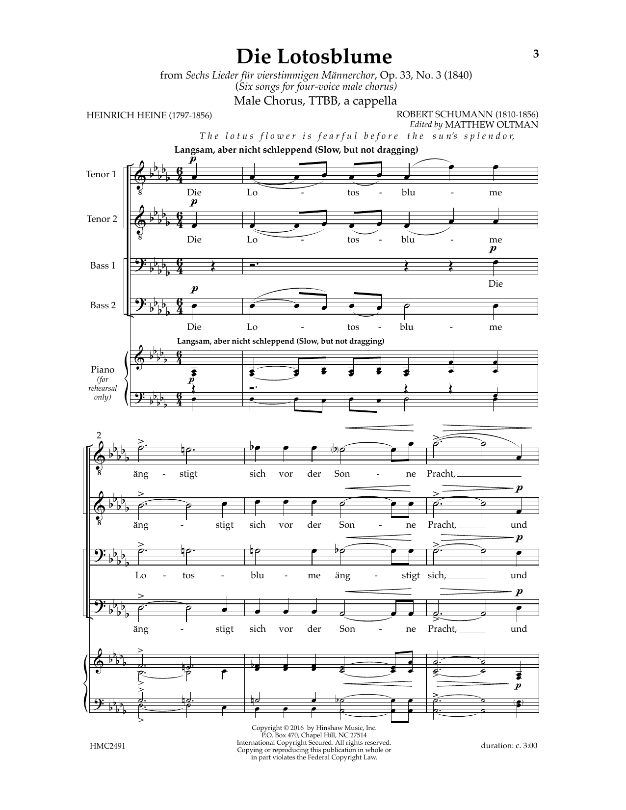 Robert Schumann Die Lotosblume (Ed. Matthew D. Oltman) Sheet Music Notes & Chords for TTBB Choir - Download or Print PDF