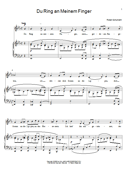 Robert Schumann Du Ring An Meinem Finger Sheet Music Notes & Chords for Piano, Vocal & Guitar (Right-Hand Melody) - Download or Print PDF