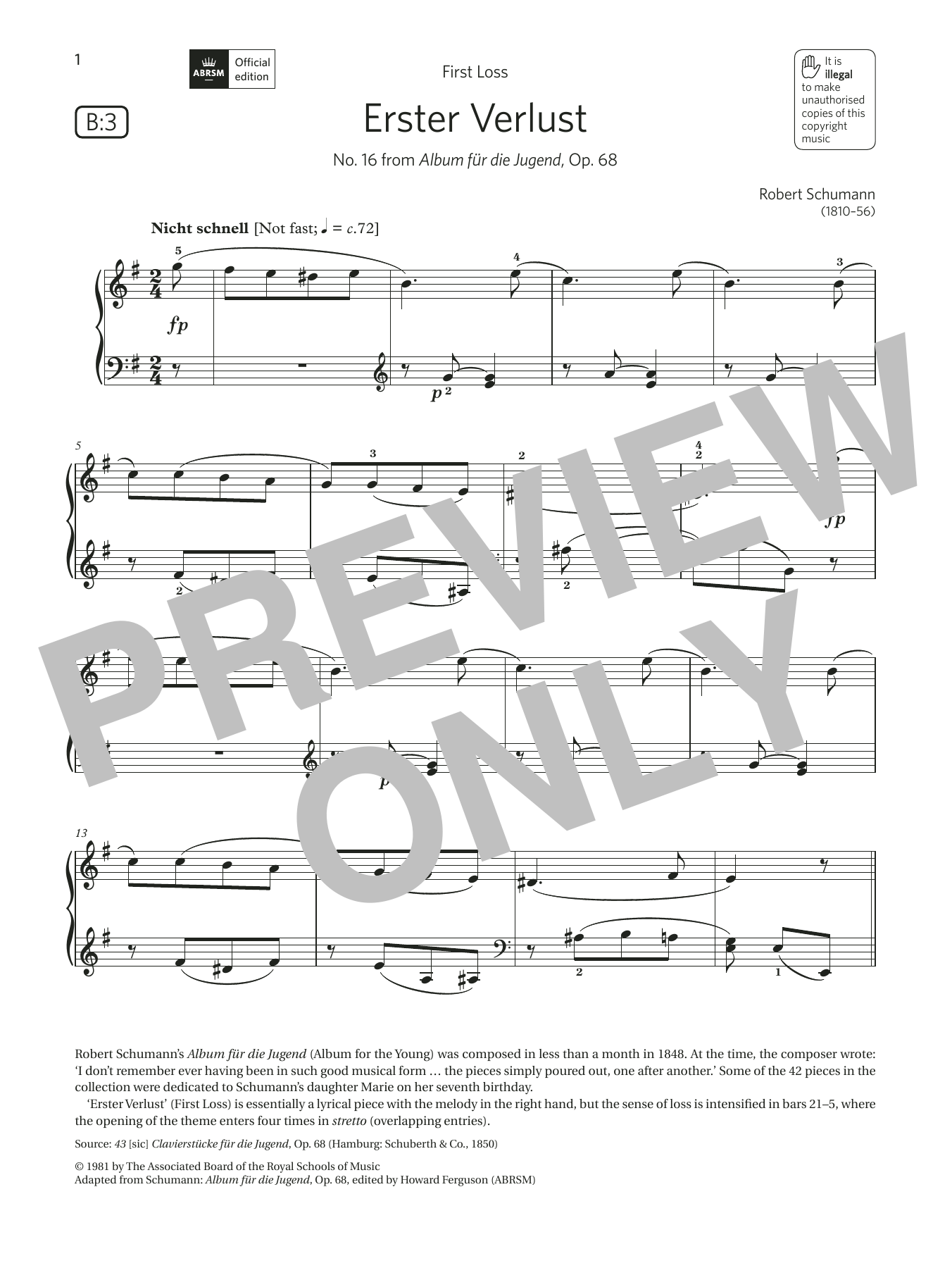 Robert Schumann Erster Verlust (Grade 4, list B3, from the ABRSM Piano Syllabus 2021 & 2022) Sheet Music Notes & Chords for Piano Solo - Download or Print PDF