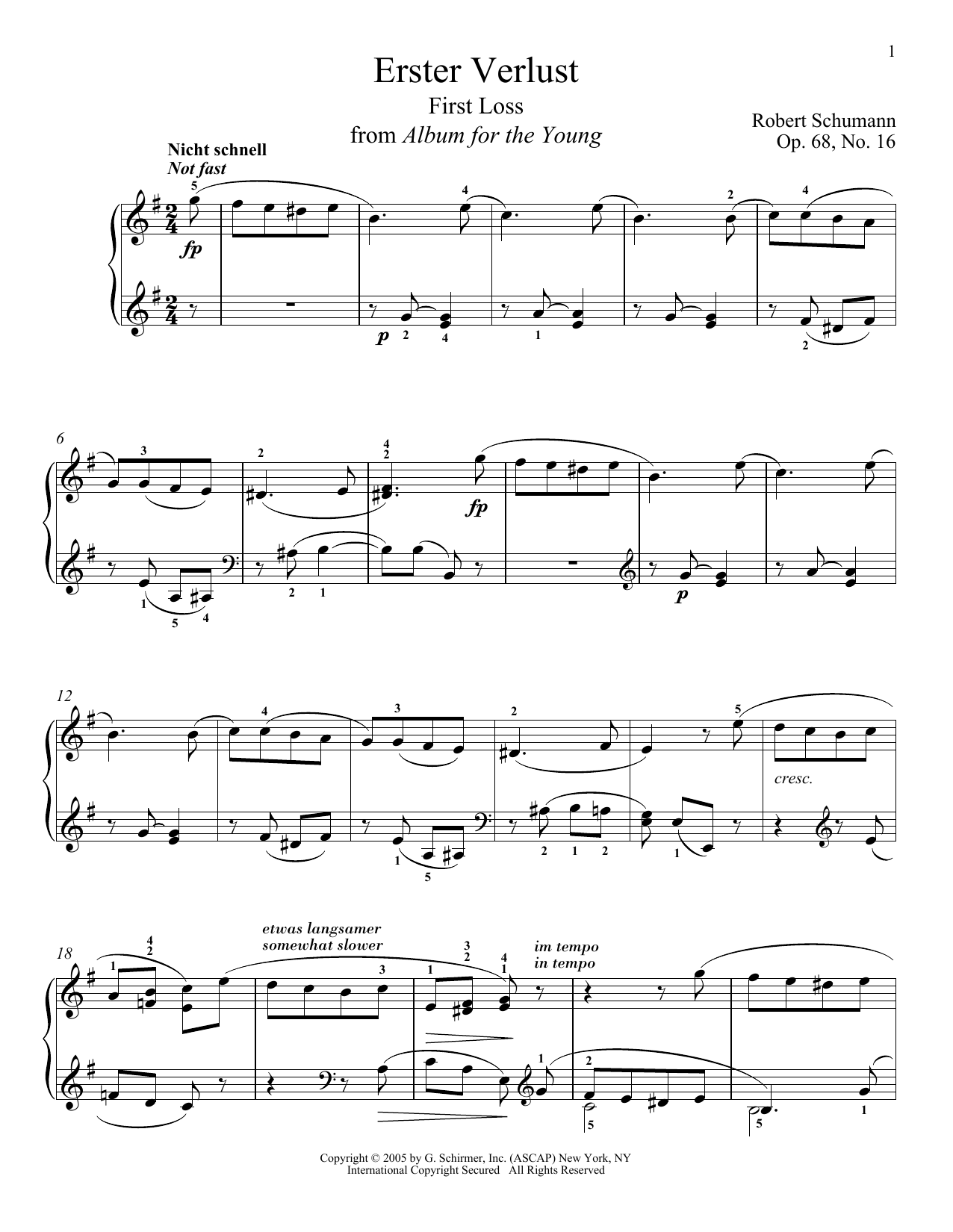 Robert Schumann First Loss, Op. 68, No. 16 Sheet Music Notes & Chords for Piano - Download or Print PDF